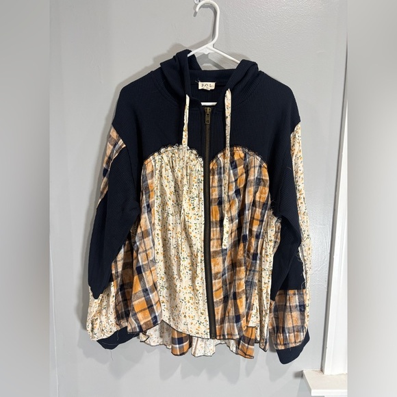 POL Mixed Fabric and Print Zip Up Hooded Top in Navy Medium Boho Bohemian Hippie - Picture 13 of 13